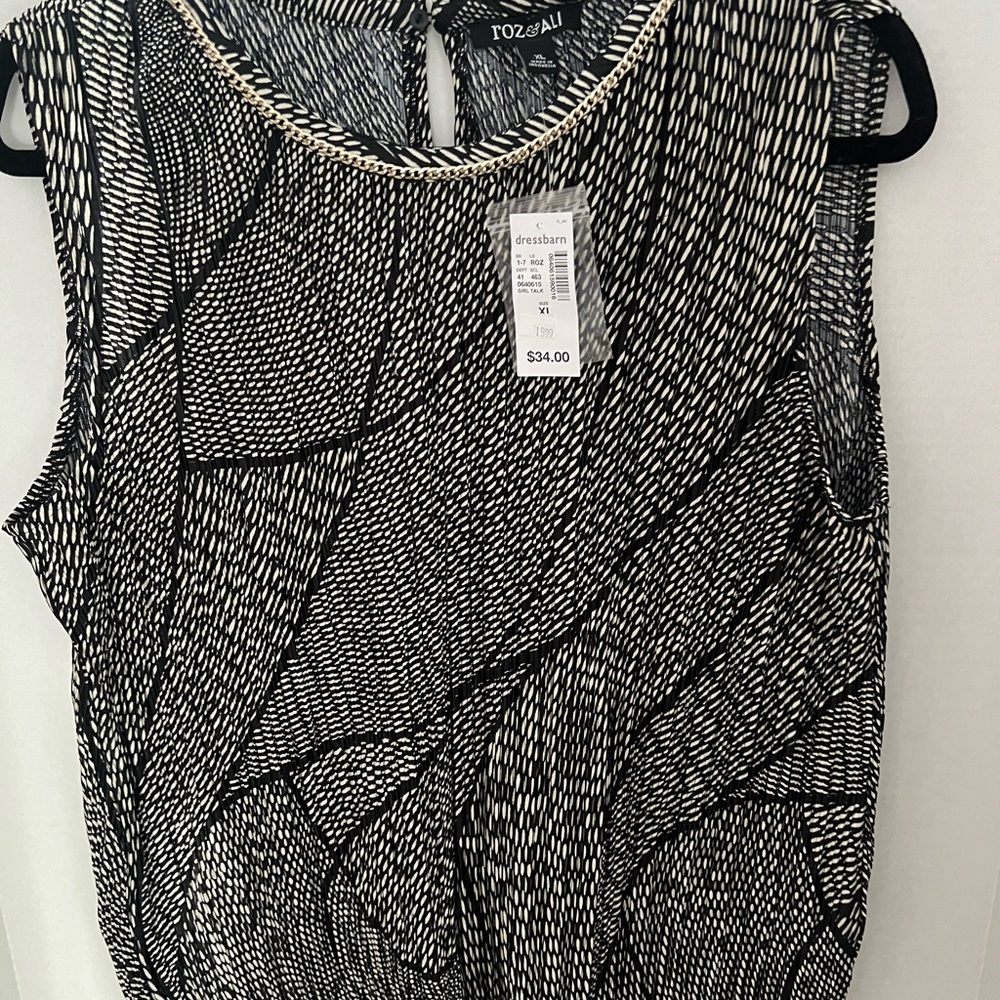 Roz & Ali Women’s Black/Beige Pleated Top with a Gold Chain Neckline Accent - Picture 3 of 12
